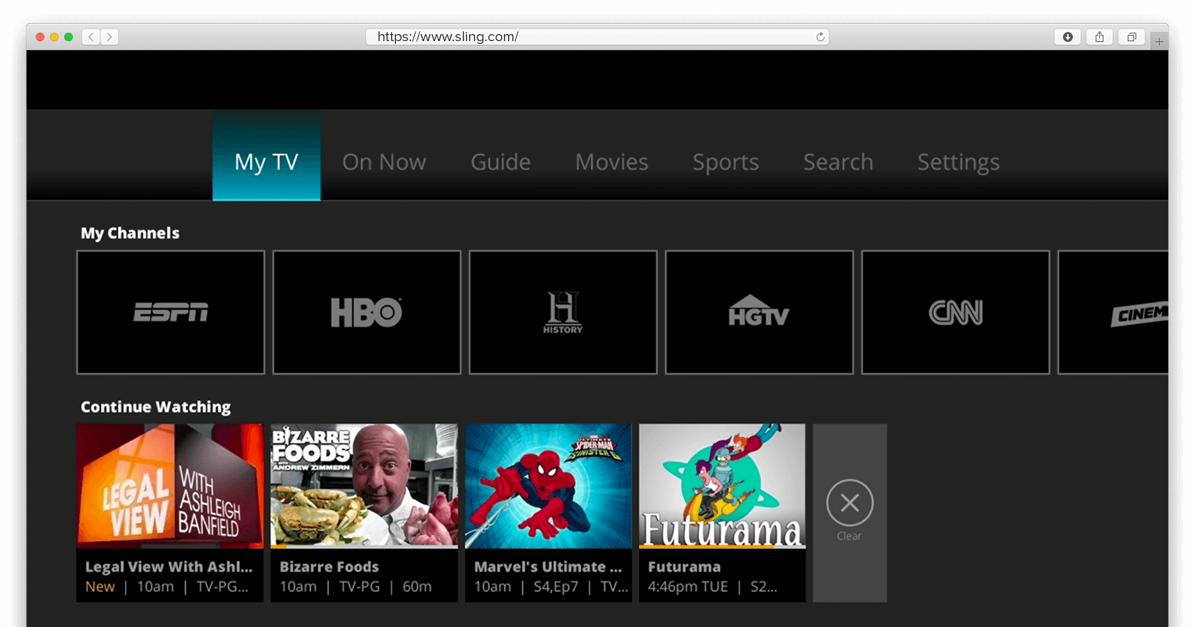 Sling TVホームページのスクリーンショット。